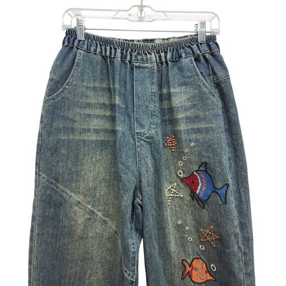 Vintage Denim Embroidered Fish Pattern Elastic Waist Cropped Pants Size S - Picture 3 of 8